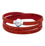 .925 Sterling Silver Red "i Love You" Leather Wrap Bracelet Engraved In 23 Languages, <b>size: Red</b>