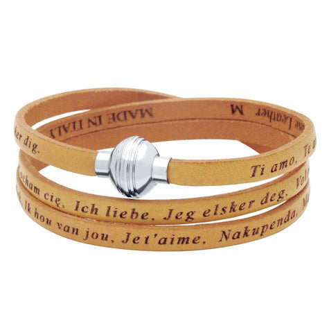 .925 Sterling Silver Tan "i Love You" Leather Wrap Bracelet Engraved In 23 Languages, <b>size: Tan</b>