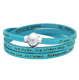 .925 Sterling Silver Turquoise "i Love You" Leather Wrap Bracelet Engraved In 23 Languages, <b>size: Trq</b>