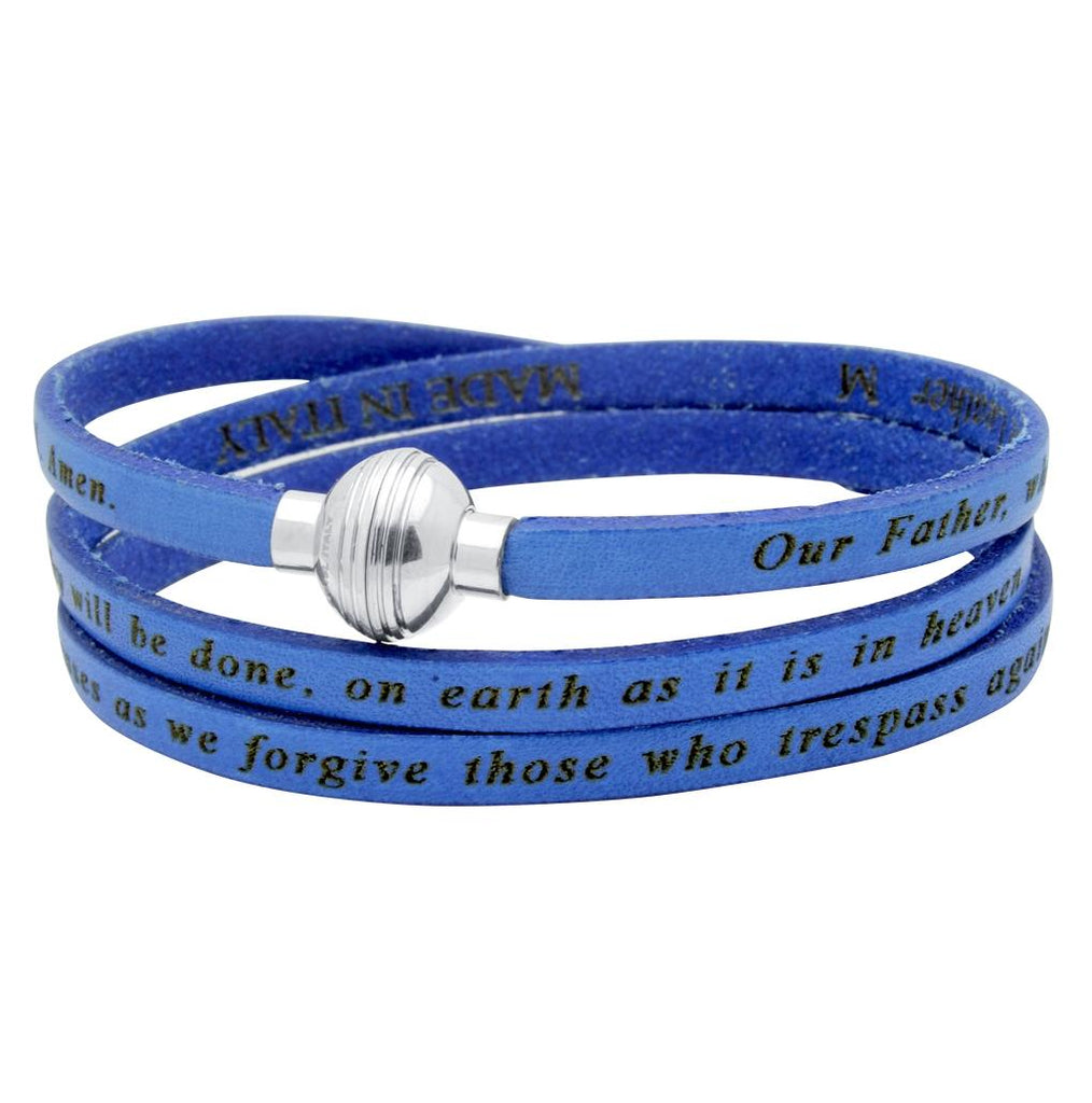 .925 Sterling Silver Blue Lord's Prayer Engraved Leather Wrap Bracelet, <b>size: Blu</b>