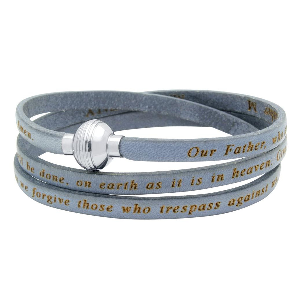 .925 Sterling Silver Gray Lord's Prayer Engraved Leather Wrap Bracelet, <b>size: Gry</b>