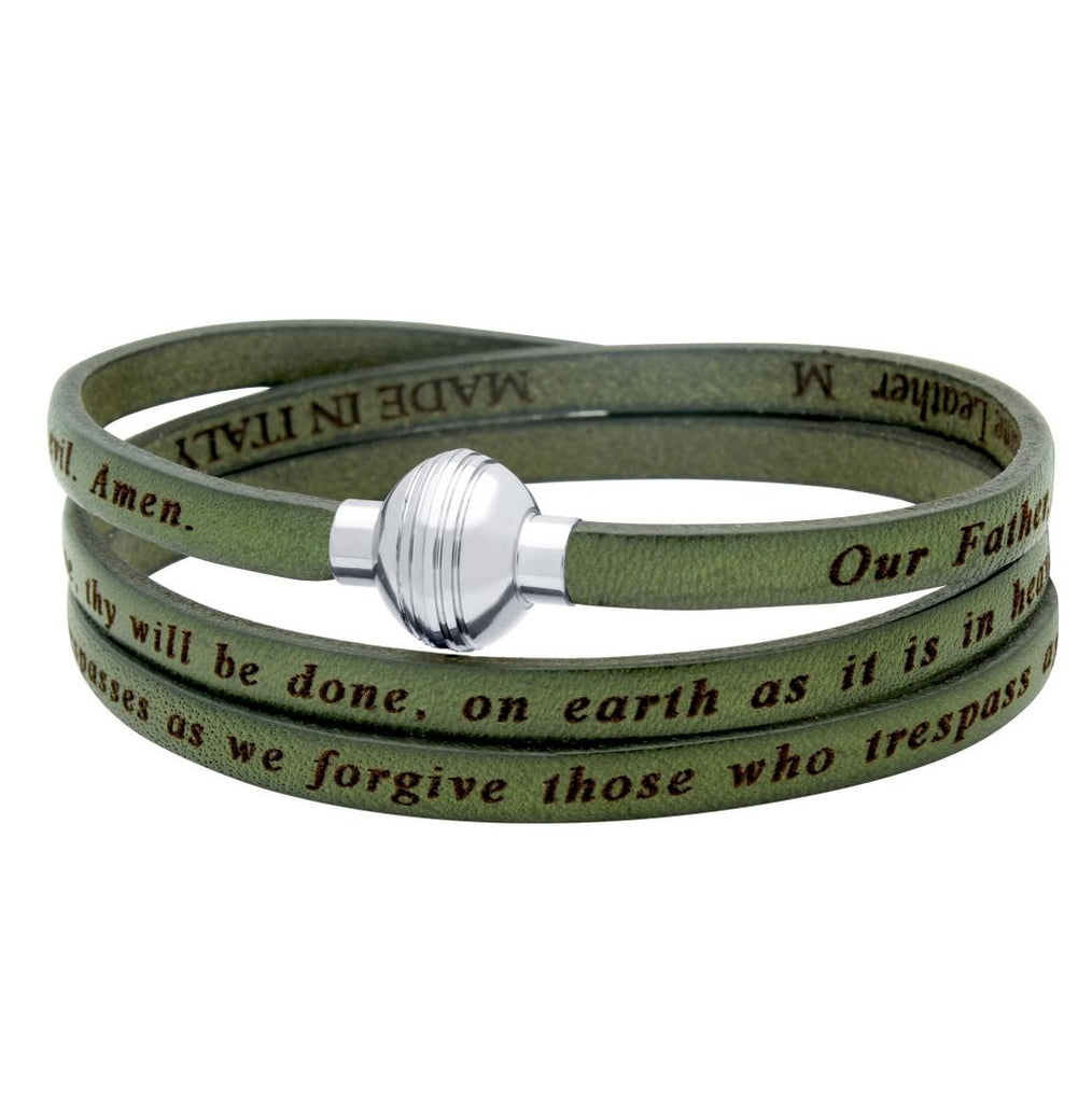 .925 Sterling Silver Olive Green Lord's Prayer Engraved Leather Wrap Bracelet, <b>size: Olv</b>