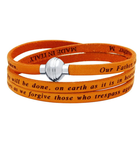 .925 Sterling Silver Orange Lord's Prayer Engraved Leather Wrap Bracelet, <b>size: Org</b>