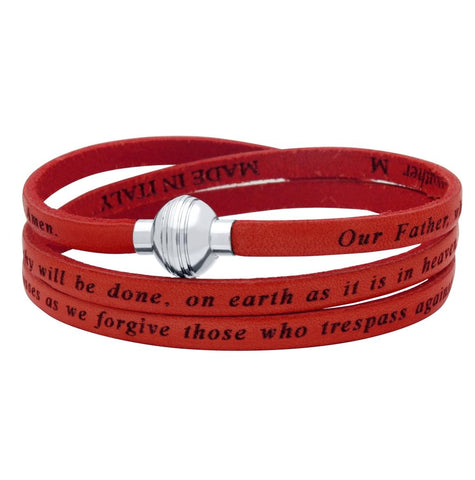 .925 Sterling Silver Red Lord's Prayer Engraved Leather Wrap Bracelet, <b>size: Red</b>