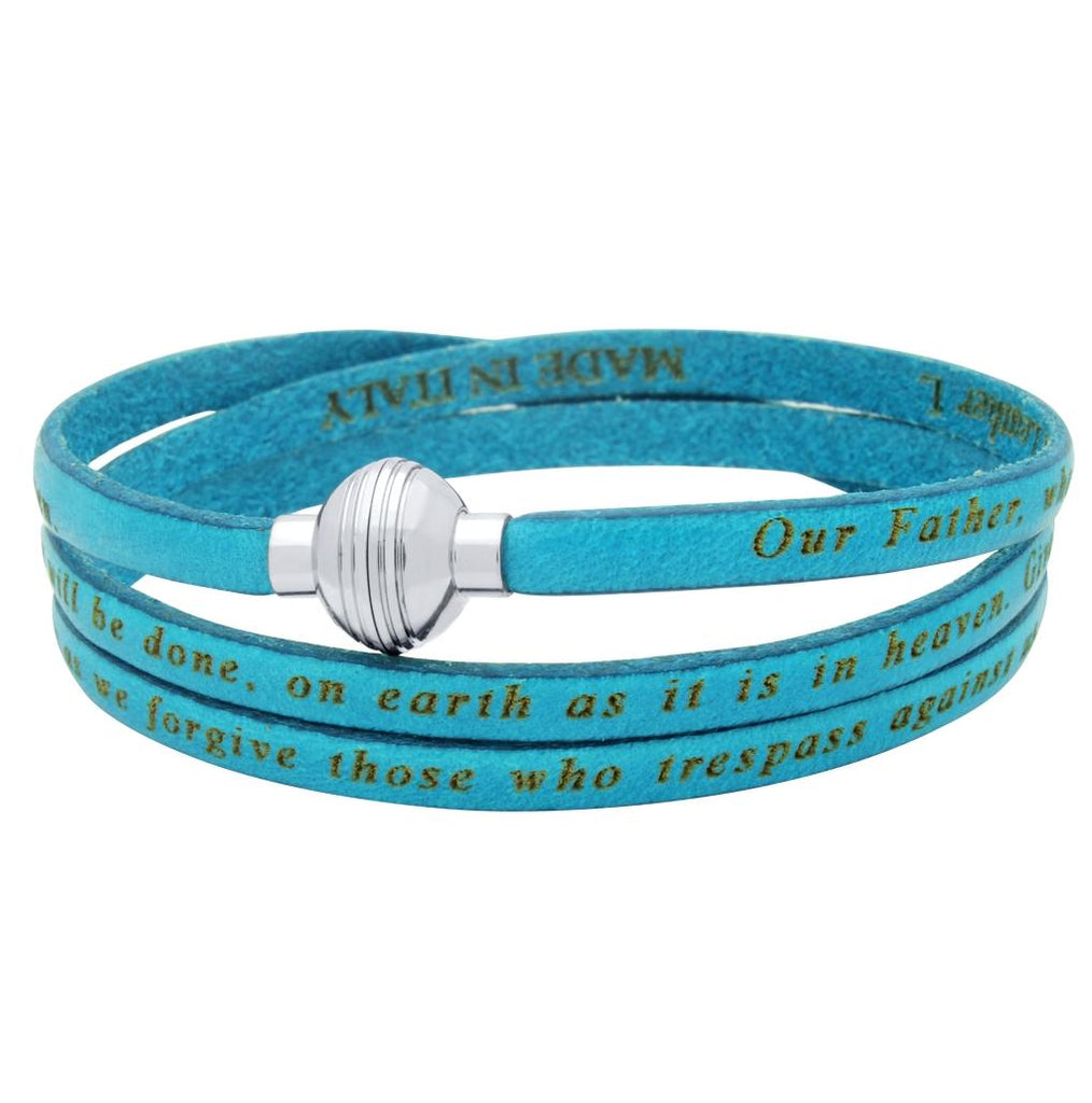 .925 Sterling Silver Turquoise Lord's Prayer Engraved Leather Wrap Bracelet, <b>size: Trq</b>