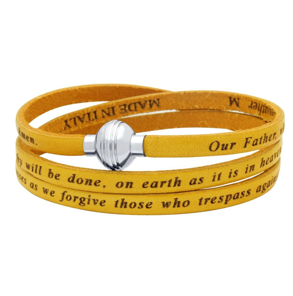 .925 Sterling Silver Yellow Lord's Prayer Engraved Leather Wrap Bracelet, <b>size: Yel</b>