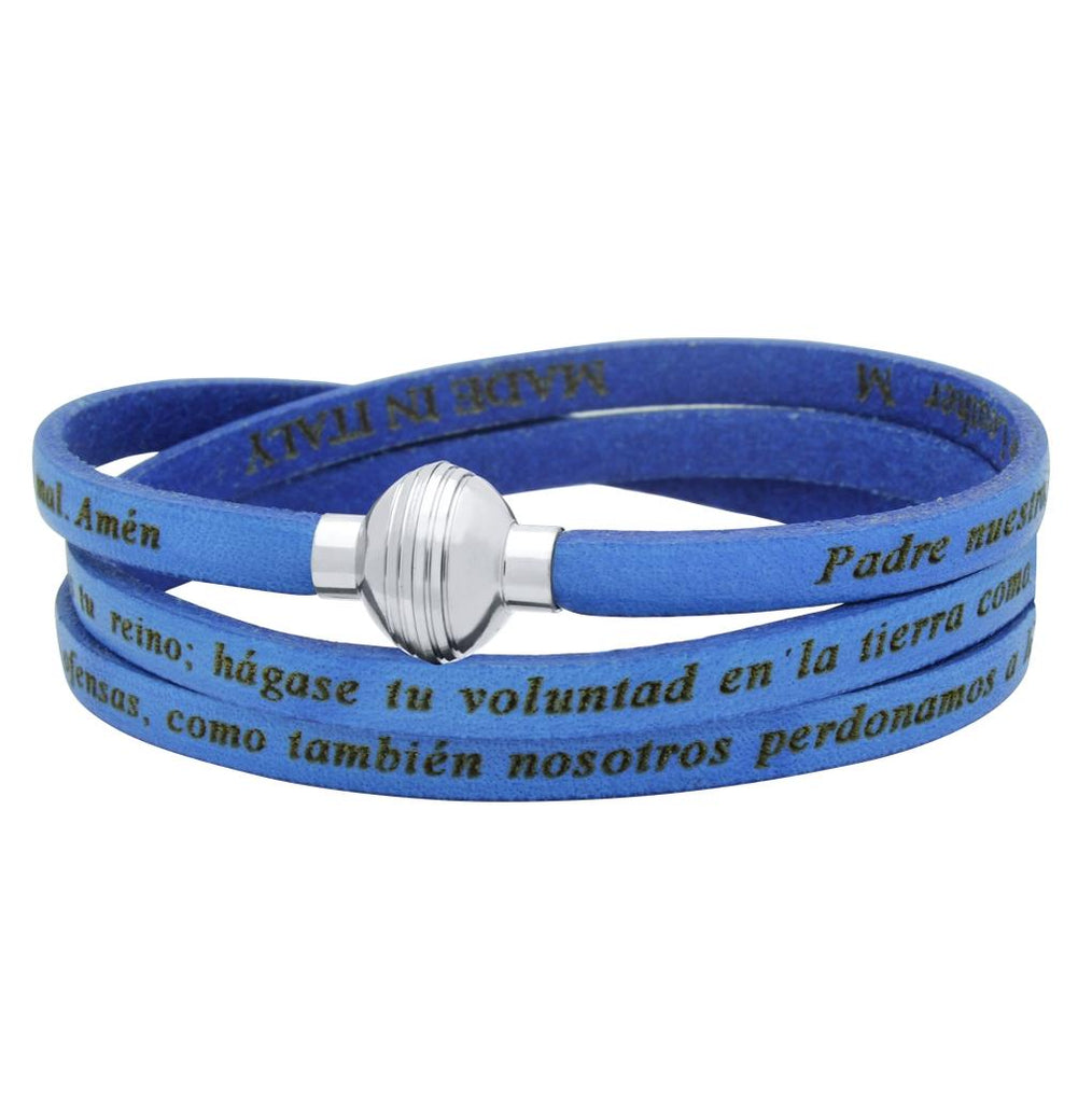 .925 Sterling Silver Blue Padre Nuestro (lord's Prayer) Engraved Leather Wrap Bracelet, <b>size: Blu</b>