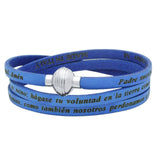 .925 Sterling Silver Blue Padre Nuestro (lord's Prayer) Engraved Leather Wrap Bracelet, <b>size: Blu</b>