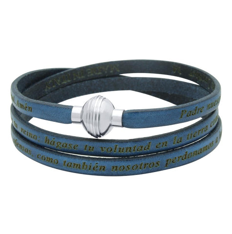 .925 Sterling Silver Dark Blue Padre Nuestro (lord's Prayer) Engraved Leather Wrap Bracelet, <b>size: Dkb</b>