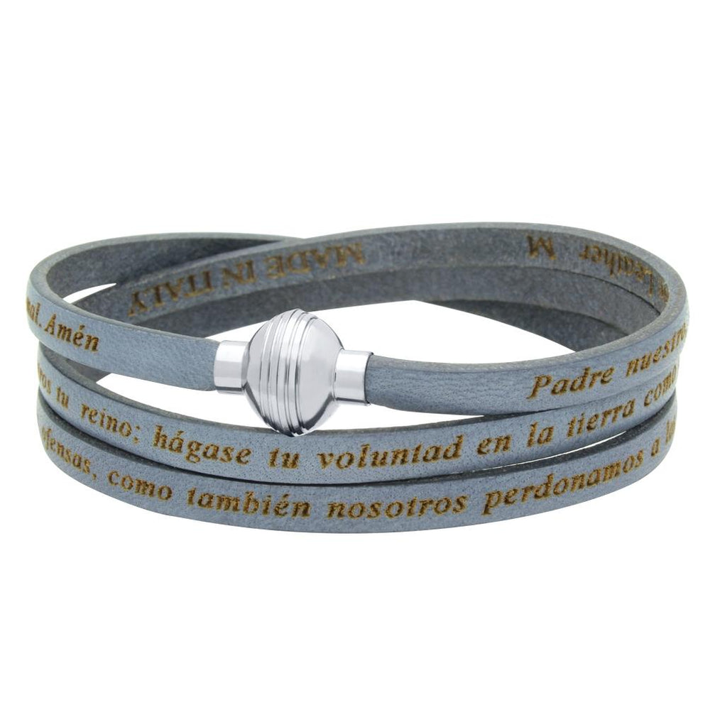 .925 Sterling Silver Gray Padre Nuestro (lord's Prayer) Engraved Leather Wrap Bracelet, <b>size: Gry</b>