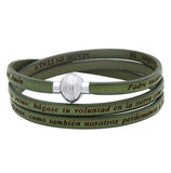 .925 Sterling Silver Olive Green Padre Nuestro (lord's Prayer) Engraved Leather Wrap Bracelet, <b>size: Olv</b>