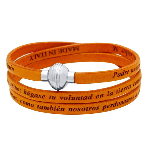 .925 Sterling Silver Orange Padre Nuestro (lord's Prayer) Engraved Leather Wrap Bracelet, <b>size: Org</b>