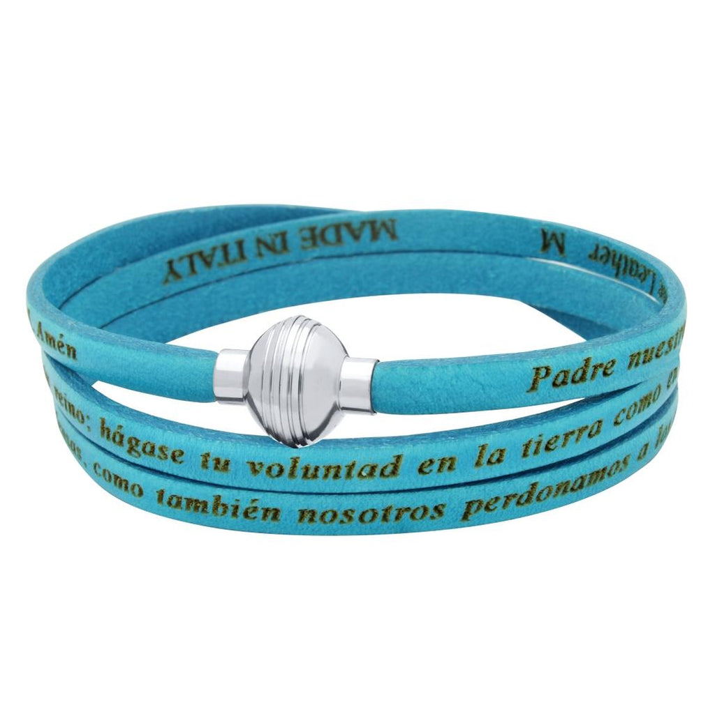 .925 Sterling Silver Turquoise Padre Nuestro (lord's Prayer) Engraved Leather Wrap Bracelet, <b>size: Trq</b>