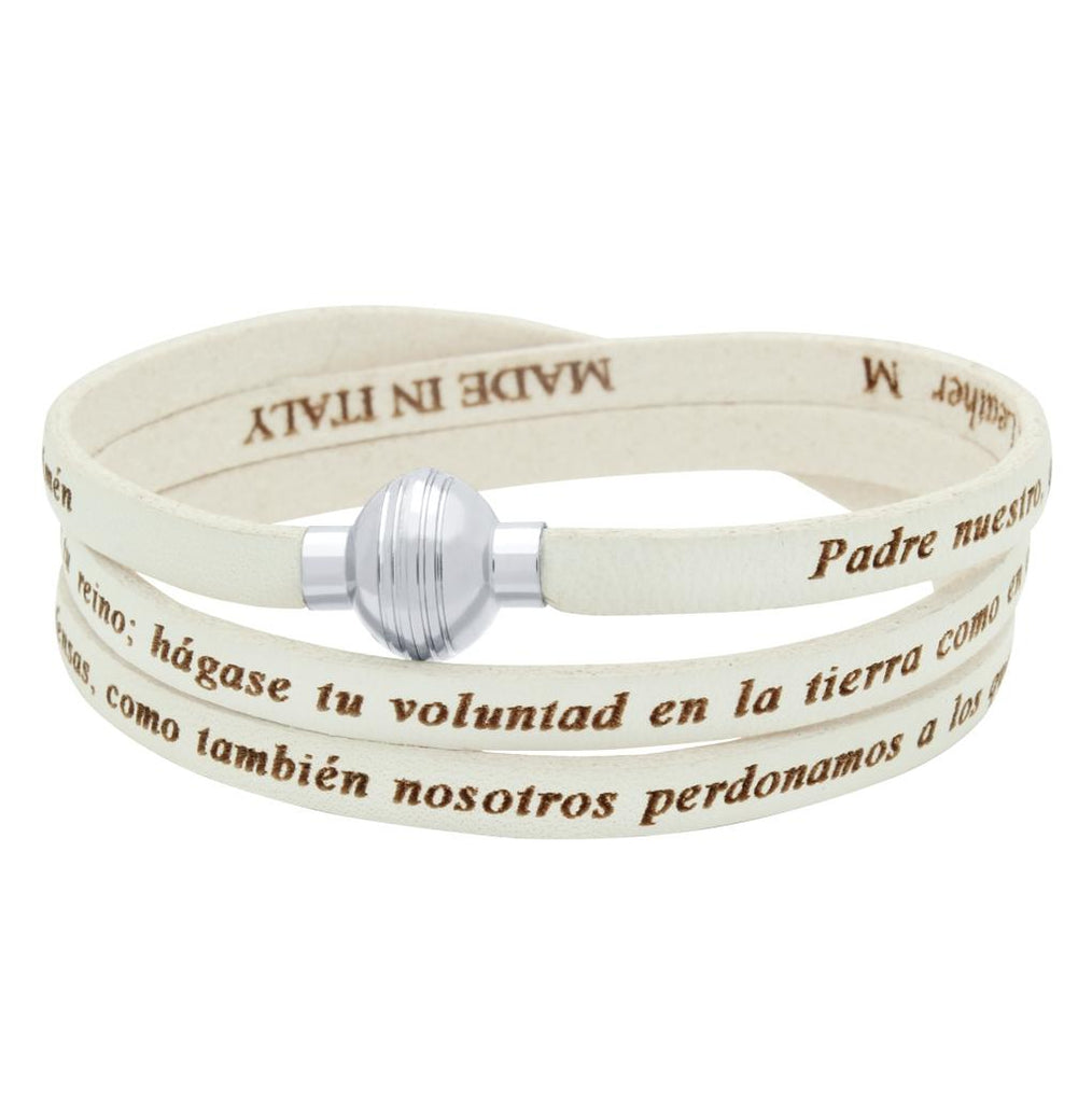 .925 Sterling Silver White Padre Nuestro (lord's Prayer) Engraved Leather Wrap Bracelet, <b>size: Wht</b>