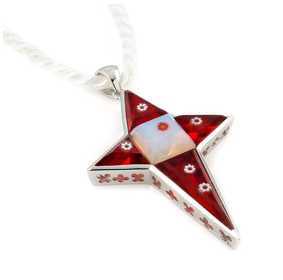 .925 Sterling Silver Murano Grand Collection Faceted Red And White Cross Pendant With 18" White Satin Rope Cord