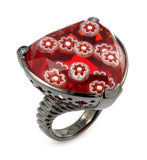 .925 Sterling Silver Murano Grand Collection Faceted Multi-layer Red Heart Black Rhodium Plated Ring, <b>size: 6</b>