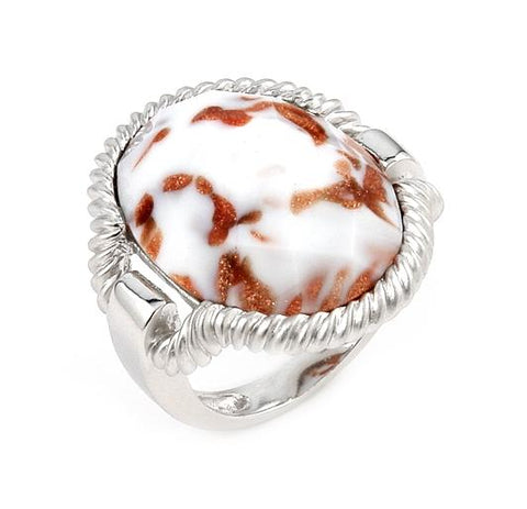 .925 Sterling Silver Murano Grand Collection Faceted White And Copper Colored Oval Aventurina Ring, Size 8