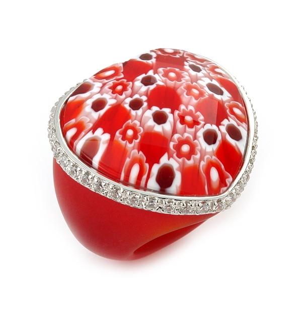 .925 Sterling Silver Murano Grand Collection Faceted Red Heart Glass Dome Ring With Czs, Size 7