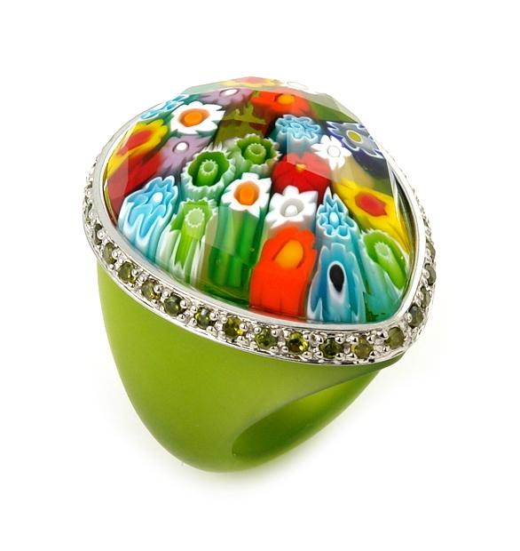 .925 Sterling Silver Murano Grand Collection Faceted Multi Color And Green Pear Shape Glass Dome Ring With Green Czs, <b>size: 7</b>