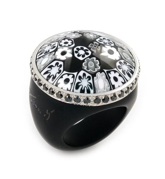 .925 Sterling Silver Murano Grand Collection Faceted Black Round Glass Dome Ring With Black Czs, Size 7