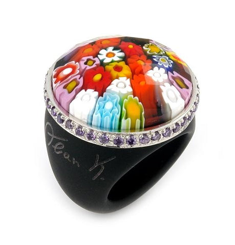 .925 Sterling Silver Murano Grand Collection Faceted Multi Color And Black Round Glass Dome Ring With Purple Czs, Size 7