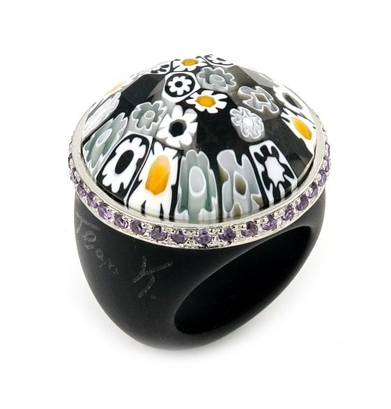 .925 Sterling Silver Murano Grand Collection Faceted Black Round Glass Dome Ring With Purple Czs, Size 7