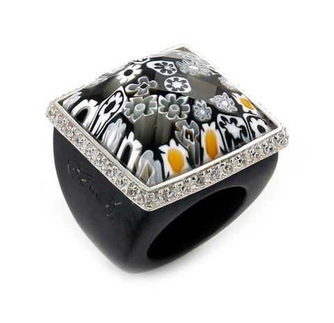 .925 Sterling Silver Murano Grand Collection Faceted Black Square Glass Dome Ring With Black Czs, Size 7