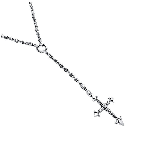 .925 Sterling Silver Twisted Blade Silver Studded Link 32" Rosary Necklace With Small Fleur De Lis Rope Cross