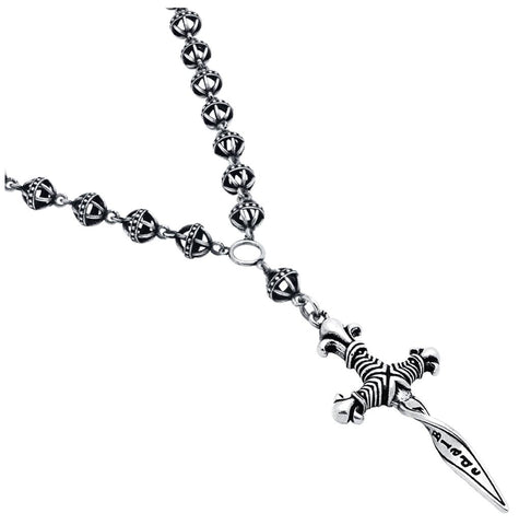 .925 Sterling Silver Twisted Blade Silver 8mm Large Studded Ball Link Rosary With Large Twisted Dagger Pendant, <b>size: 22</b>