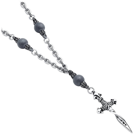 .925 Sterling Silver Twisted Blade Silver And Matte Hematite Beaded Necklace With Small Twisted Dagger Pendant, <b>size: 20</b>