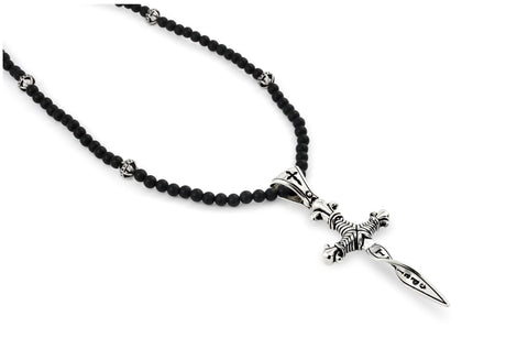 .925 Sterling Silver Twisted Blade Necklace With Onyx Beads And A Twisted Dagger