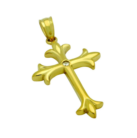 .925 Sterling Silver Gold Plated High Polish Cz Fleur De Lis Cross With 2mm Round Cz