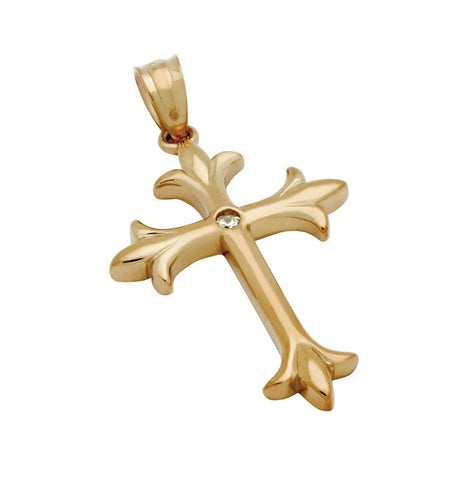 .925 Sterling Silver Rose Gold Plated High Polish Fleur De Lis Cross With 2mm Round Cz