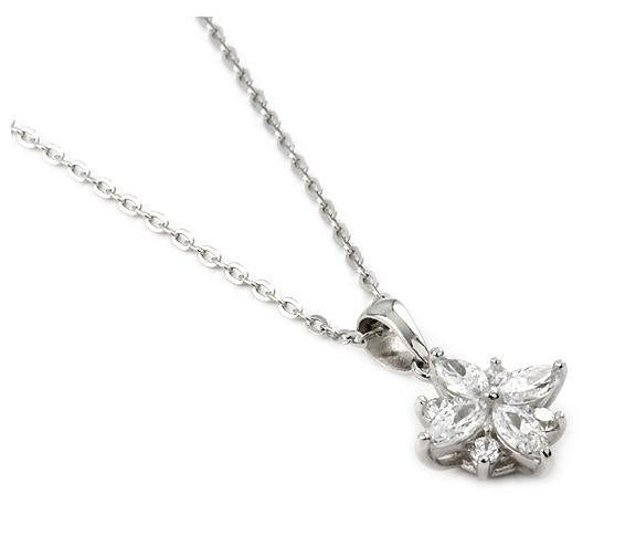 .925 Sterling Silver Round And Marquise Cz Flower Necklace 16"+1" Adjustable