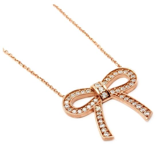 .925 Sterling Silver Rose Gold Plated Cz Bow Necklace 16"+1" Adjustable