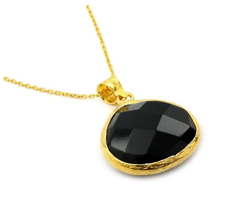 .925 Sterling Silver Gold Plated And Onyx Necklace 16"+2" Adjustable