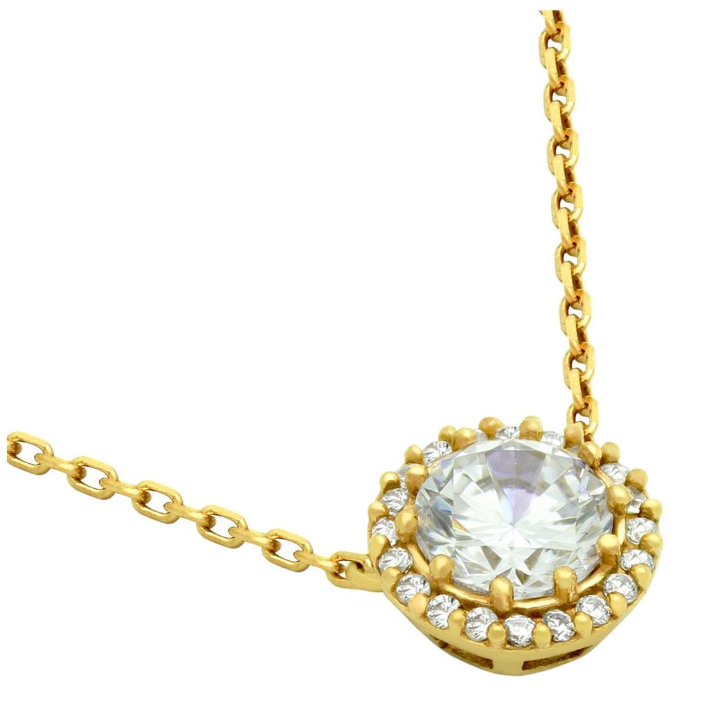 .925 Sterling Silver Round Cz Necklace Gold Plated In 16" + 2"