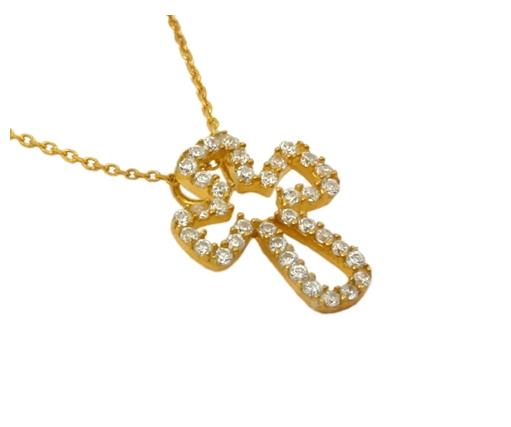 .925 Sterling Silver Gold Plated Cz Cutout Cross Necklace 16"+1" Adjustable