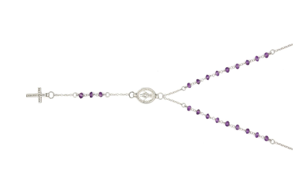 .925 Sterling Silver Rose Gold Plated Amethyst Rosary Necklace 18" + 2", Size 18