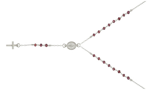 .925 Sterling Silver Rose Gold Plated Garnet Rosary Necklace 18" + 2", Size 18