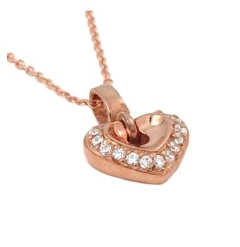 .925 Sterling Silver Rose Gold Plated Small Heart Shaped Cz Necklace 16" + 2"