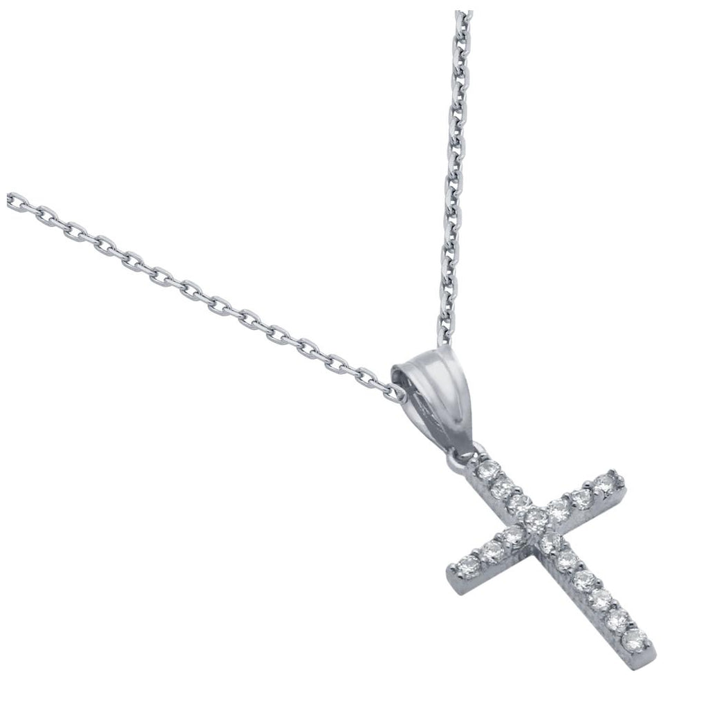 .925 Sterling Silver Rhodium Plated Small Cz Cross Necklace