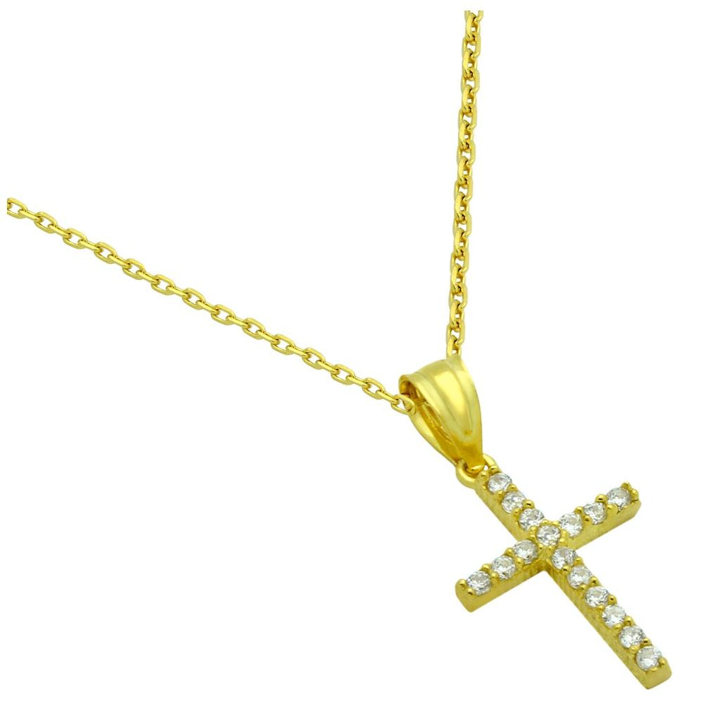 .925 Sterling Silver Gold Plated Small Cz Cross Necklace