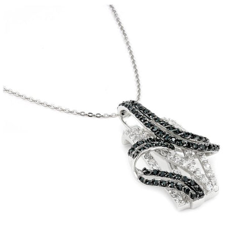 .925 Sterling Silver Pave Black And White Cz Freeform Necklace 16"+ 1 "