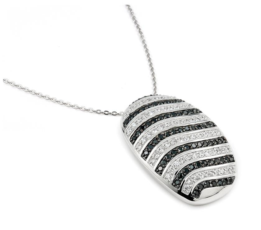 .925 Sterling Silver Cz Black And White Pave Stripe Pattern Necklace 16 "+1 "