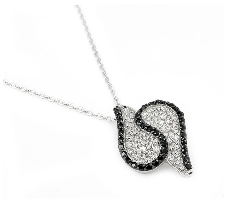 .925 Sterling Silver S Shape Pave Black And White Necklace 16"+1"