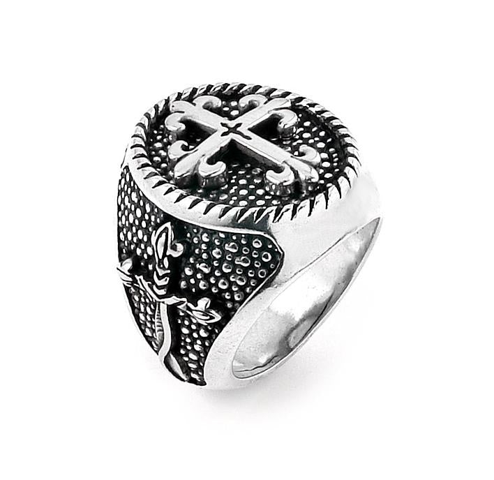 .925 Sterling Silver Twisted Blade Silver Round Fleur De Lis Cross Ring With Thin Cross, <b>size: 7</b>