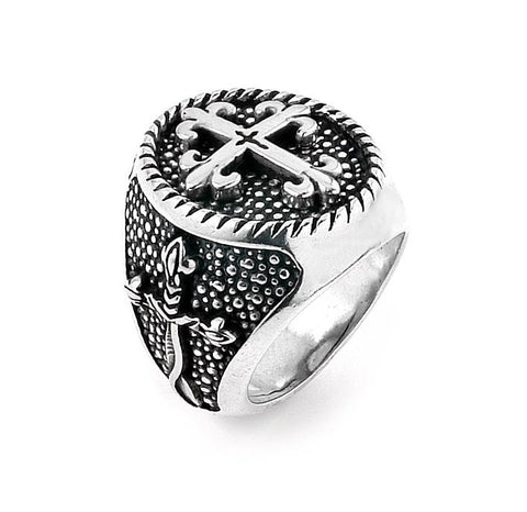 .925 Sterling Silver Twisted Blade Silver Round Fleur De Lis Cross Ring With Thin Cross, <b>size: 7</b>