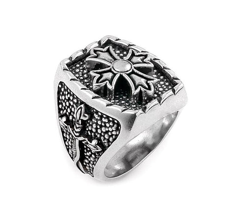 .925 Sterling Silver Twisted Blade Silver Rectangle Ring With Fleur De Lis Cross Center, <b>size: 7</b>