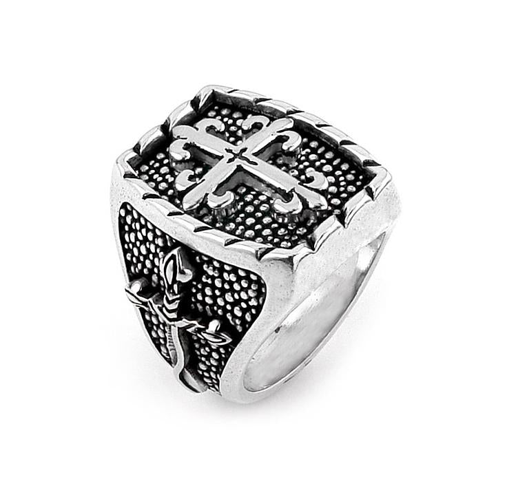 .925 Sterling Silver Twisted Blade Silver Rectangle Ring With Thin Fleur De Lis Cross, <b>size: 7</b>